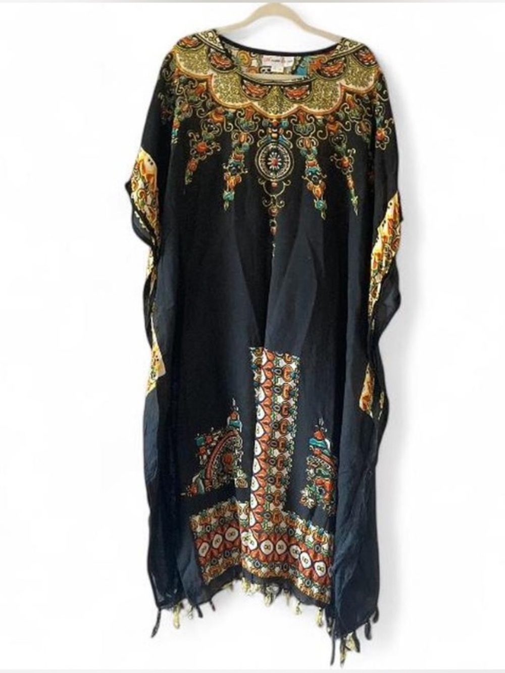 African Essence Boho Black Embroidered Rayon Kaftan with Colorful Accents